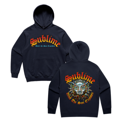 Navy blue pullover hoodie with 'Sublime Until The Sun Explodes' text on front and a colorful Sublime sun on the back with SUBLIME above and 'Until The Sun Explodes' below.