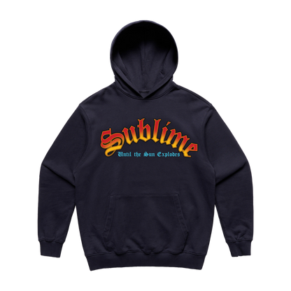 Navy blue pullover hoodie with 'Sublime Until The Sun Explodes' text on front.