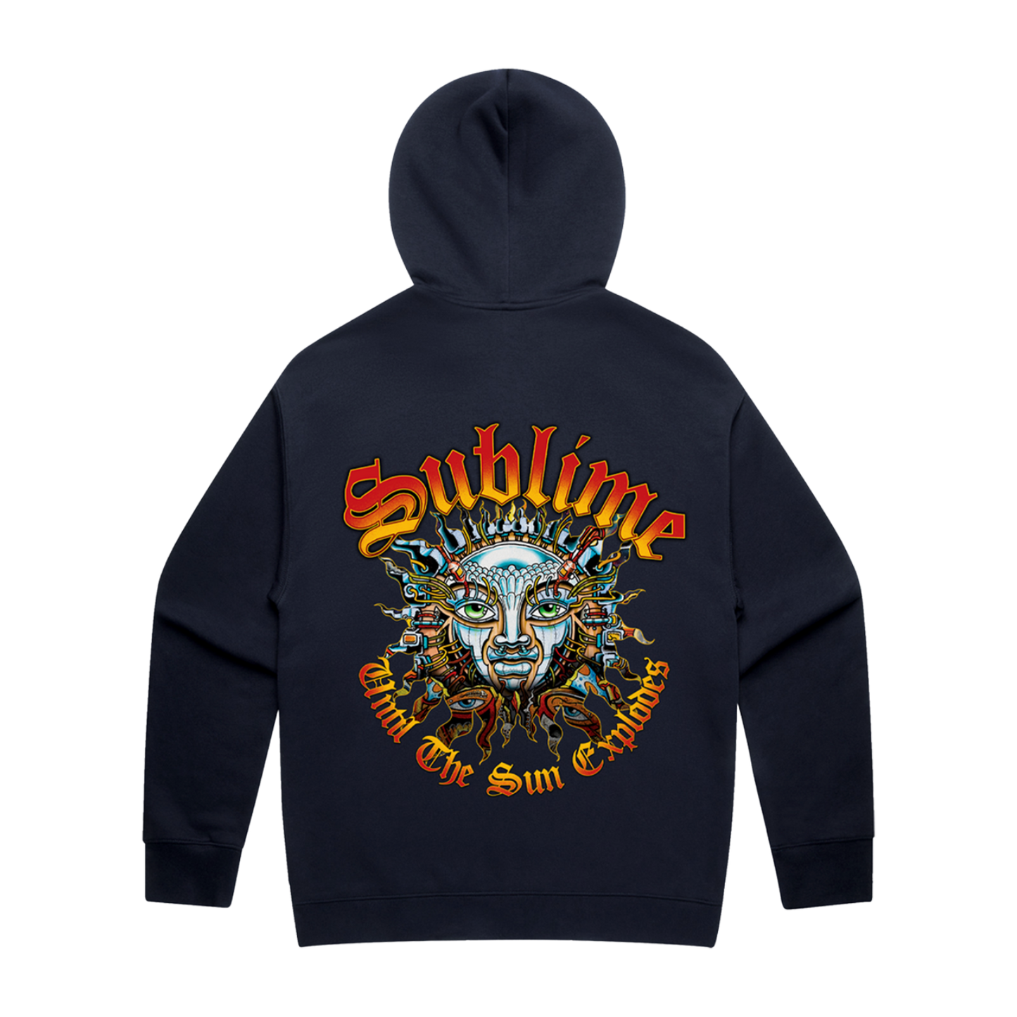 Navy blue pullover hoodie with a colorful Sublime sun logo on the back with SUBLIME above and 'Until The Sun Explodes' below.