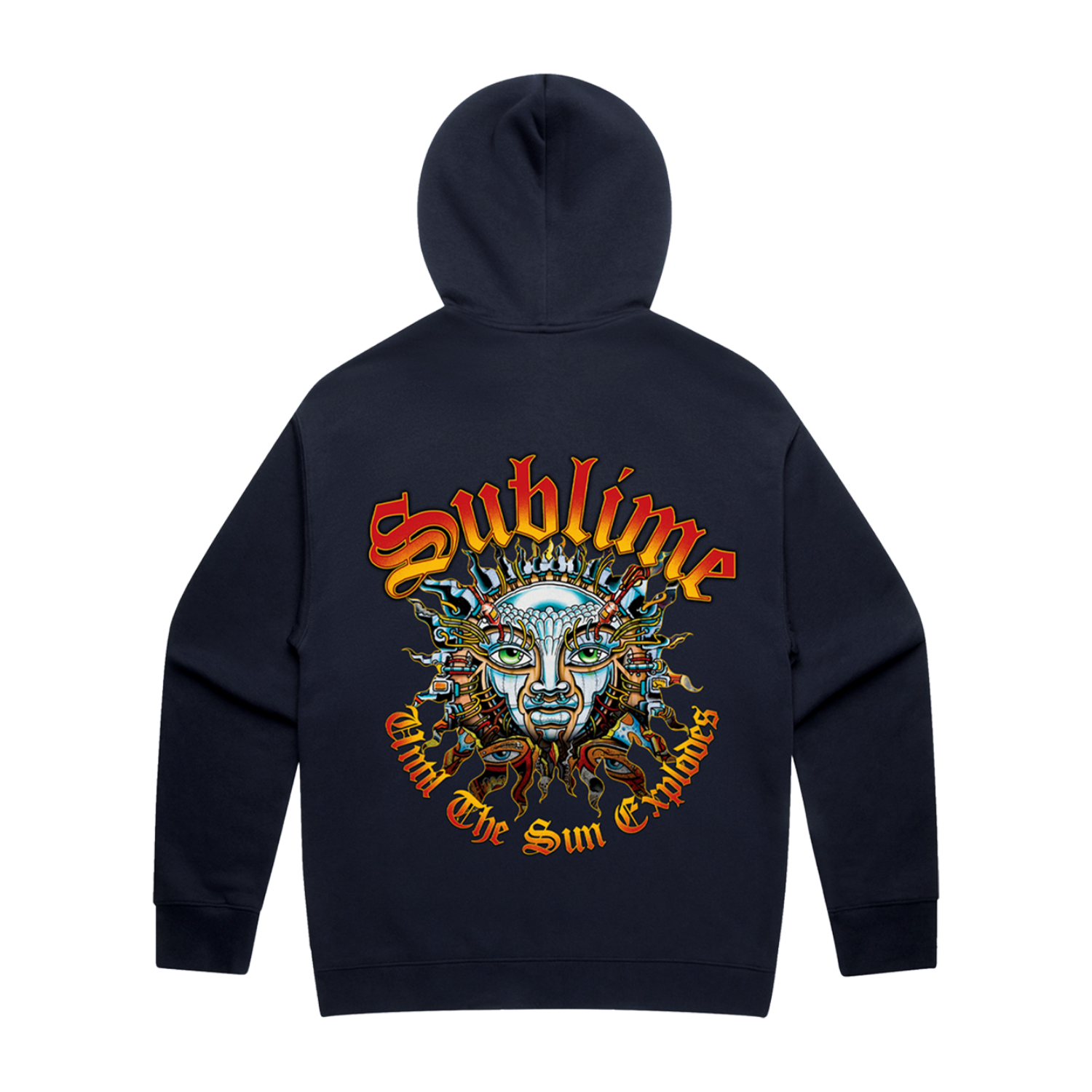 Navy blue pullover hoodie with a colorful Sublime sun logo on the back with SUBLIME above and 'Until The Sun Explodes' below.