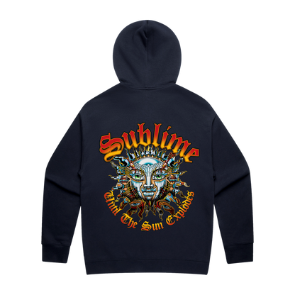 Navy blue pullover hoodie with a colorful Sublime sun logo on the back with SUBLIME above and 'Until The Sun Explodes' below.