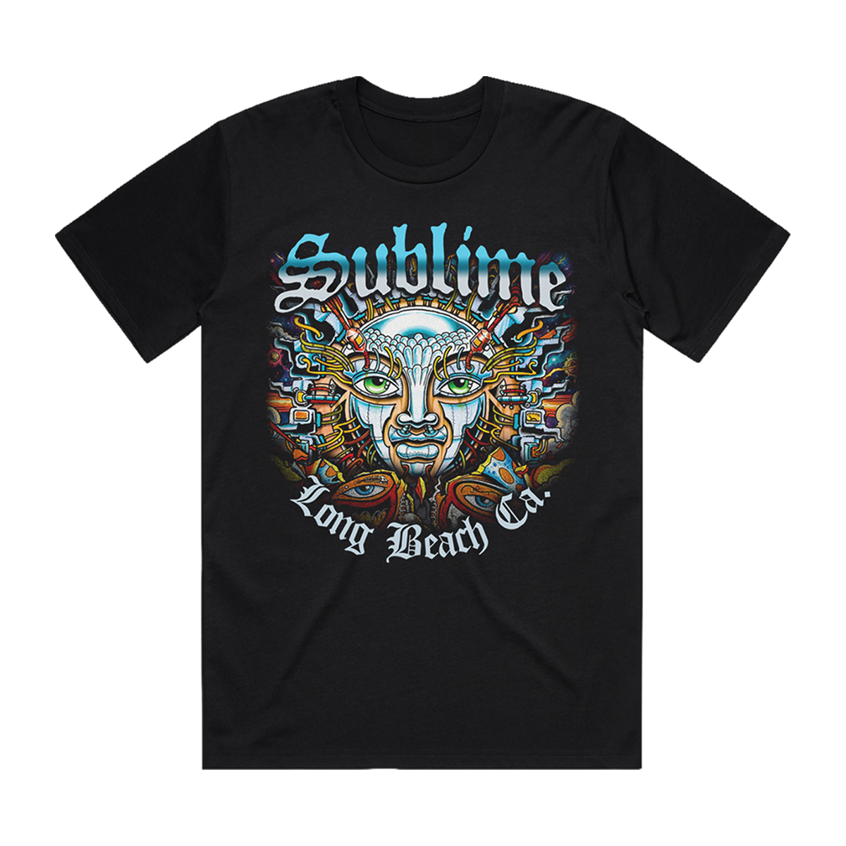 Black t-shirt with colorful graphic design featuring the Sublime sun with Sublime logo on the top and "Long Beach CA" below.